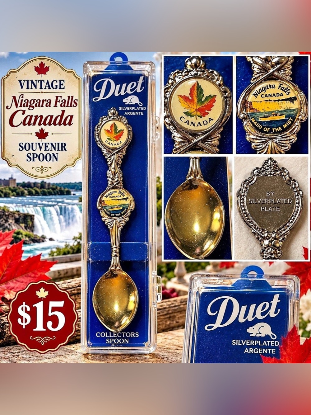 Duet Niagara Falls Canada Souvenir Collector Spoon Gold & Blue